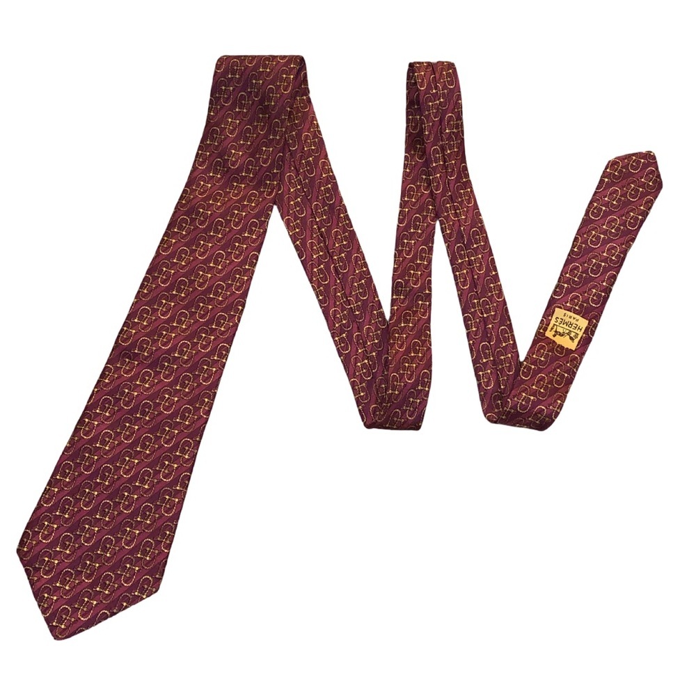 HERMÈS PARIS Gold Burgundy Equestrian Pattern Silk Tie France 56"- 3.25" Luxe - Picture 1 of 7